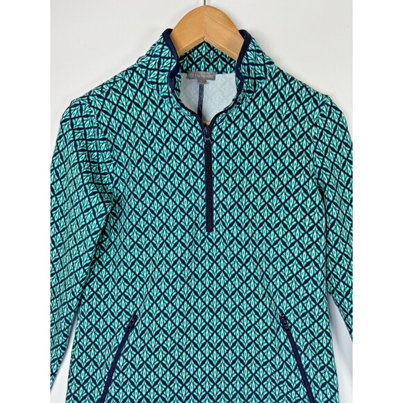 T by Talbots Petite Womens Long Sleeve Half Zip Pullover Navy Teal Geometric - Picture 2 of 11